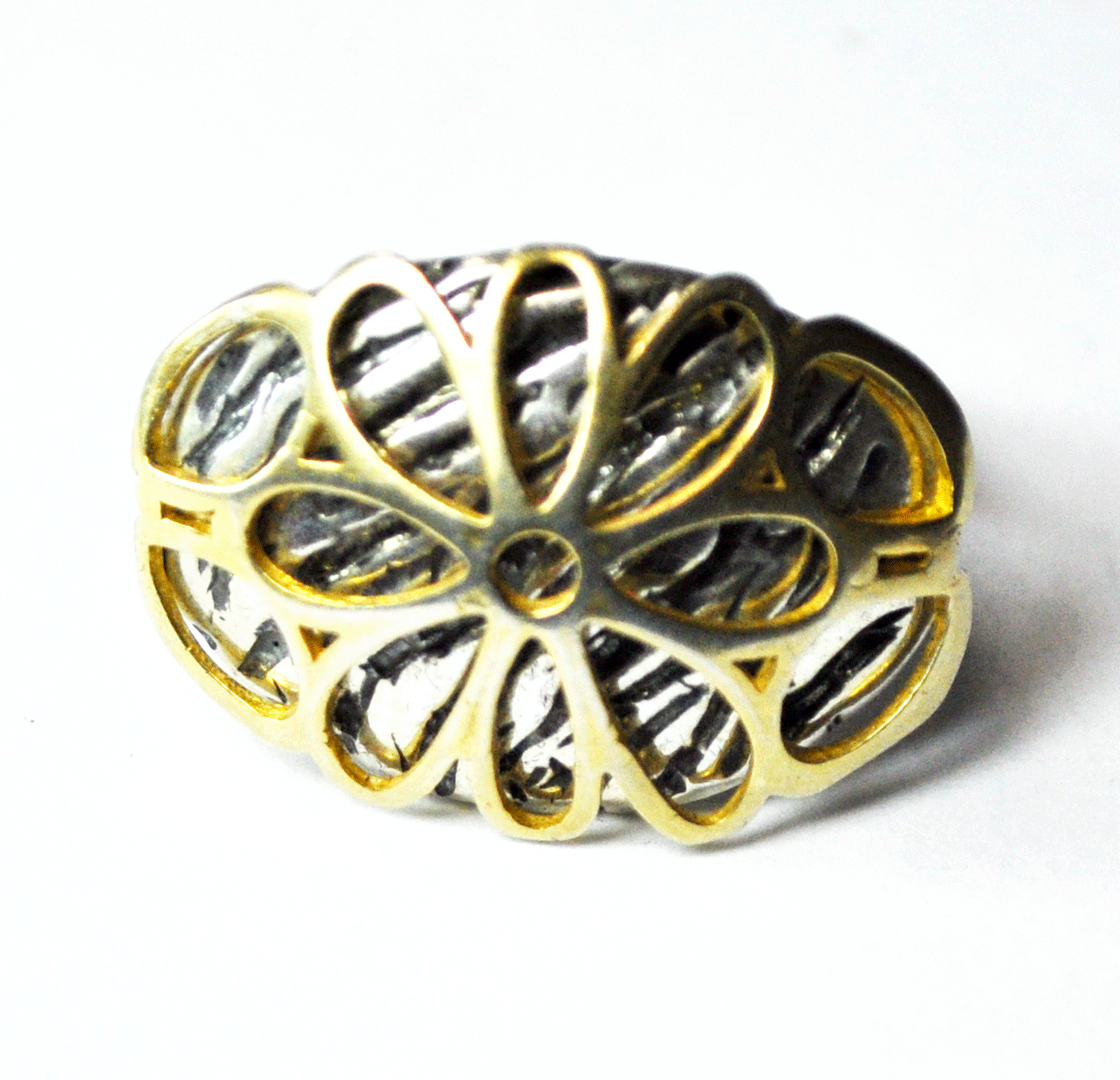 Sterling Silver Gold Filled Flower Overlay Filigree Etched Tiger Stripe Ring 1"