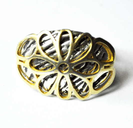 Sterling Silver Gold Filled Flower Overlay Filigree Etched Tiger Stripe Ring 1"