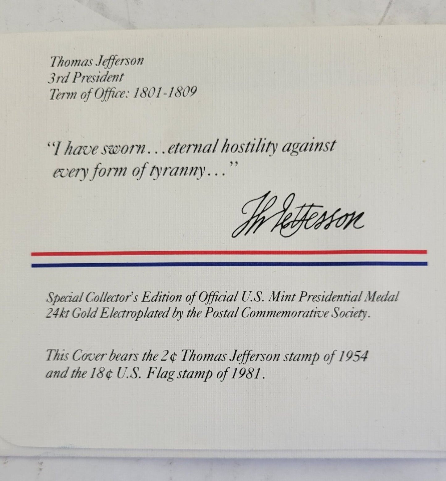T Jefferson Presidential Covers Medal Postal Commemorative Society Gold Plated