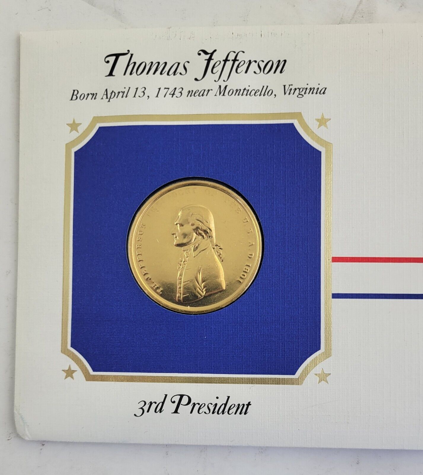 T Jefferson Presidential Covers Medal Postal Commemorative Society Gold Plated