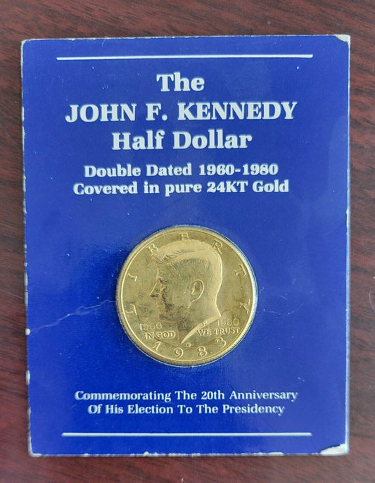 John F. Kennedy Half Double Dated 1960 1980 Covered in Pure 24K Gold Carded