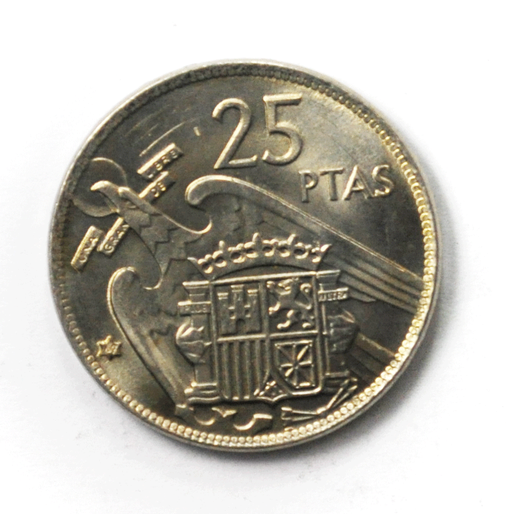 1957 (69) Spain 25 Twenty Five Pesetas KM# 788 AU-Unc