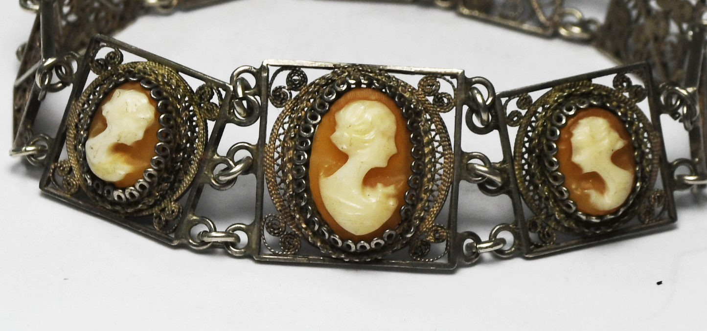 800 Fine Silver Shell Cameo Filigree Panel Bracelet 18mm 7.25"