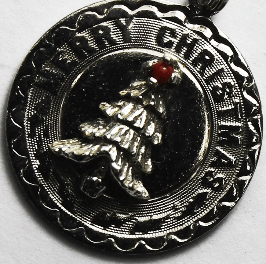 1968 Sterling Elco Christmas X-mas Tree Red Topper Disc Charm 22mm x 19mm