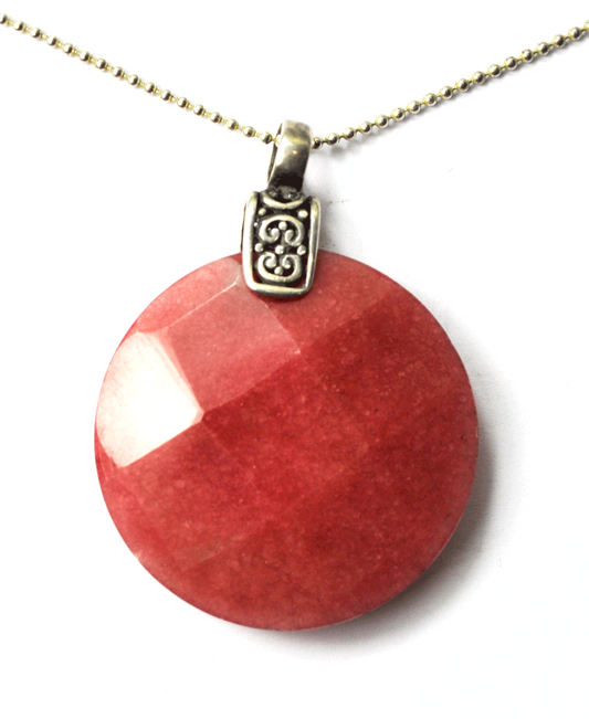 Sterling Silver Large Pink Aventurine 40mm Round Checkerboard Pendant 18"