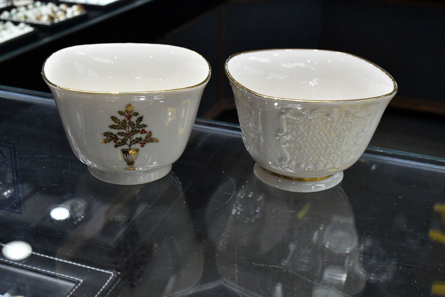 Lenox Porcelain Gold Trimmed Holiday and Embossed Square Bowls 4 1/4" W x 2 3/4"