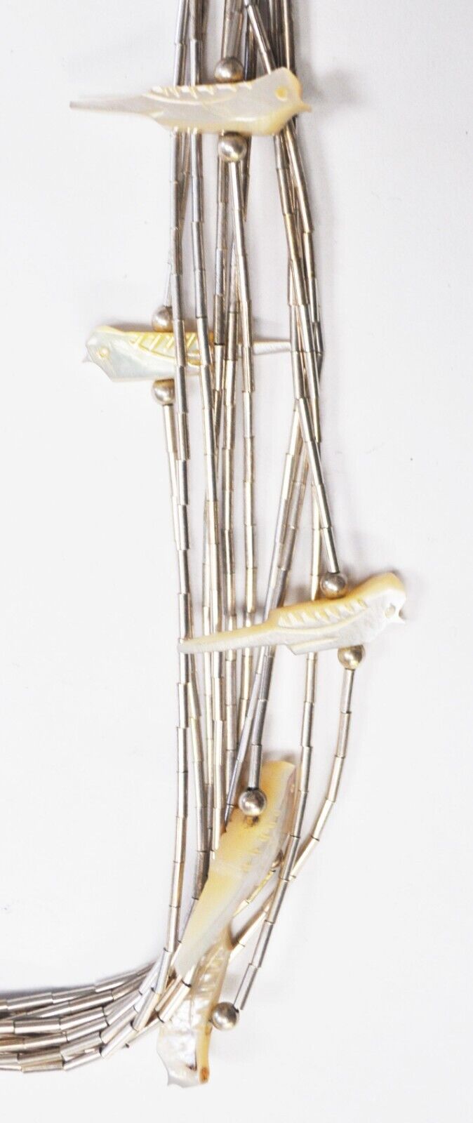 Silver Plated 10 Cord Liquid Silver Fetish MOP 24mm Bird Necklace 27"