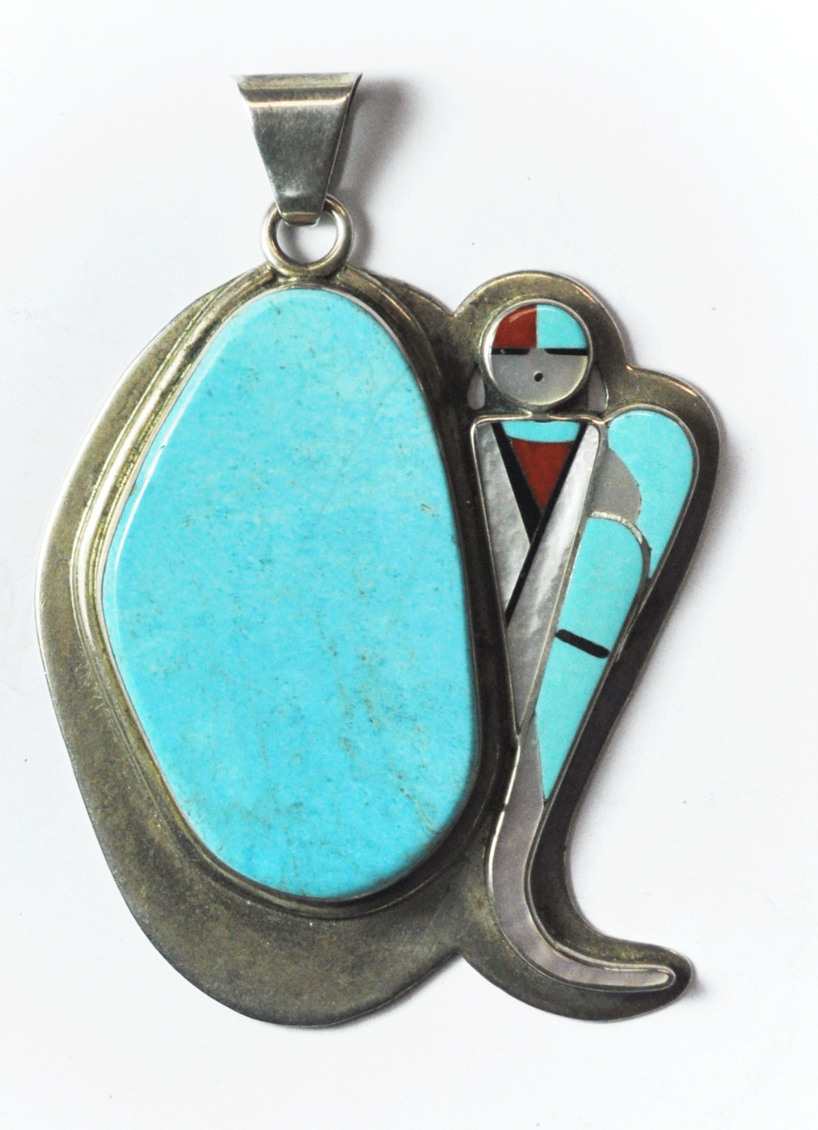 Sterling Silver Large Turquoise Hopi Sun Inlay Signed Pendant 3-1/8" x 2-1/4"