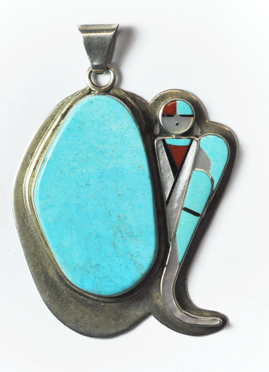 Sterling Silver Large Turquoise Hopi Sun Inlay Signed Pendant 3-1/8" x 2-1/4"