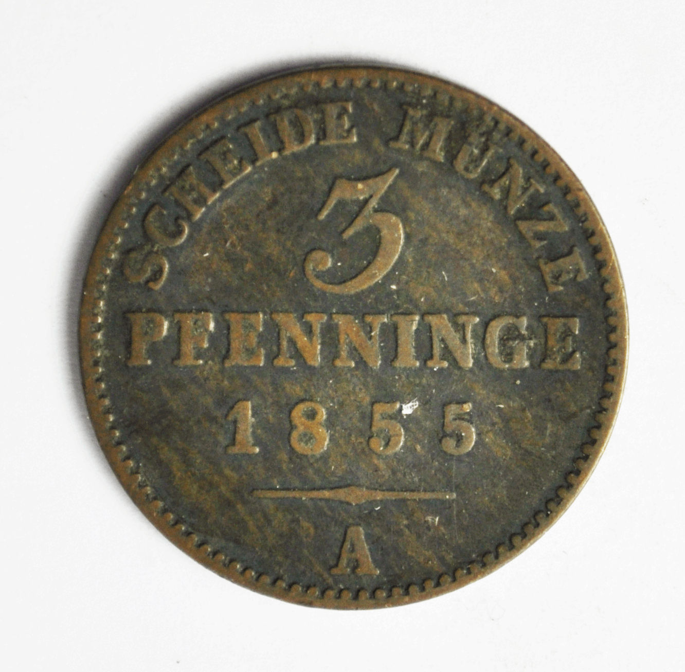 1855 A German States Prussia Three 3 Pfennig Copper Coin KM# 453