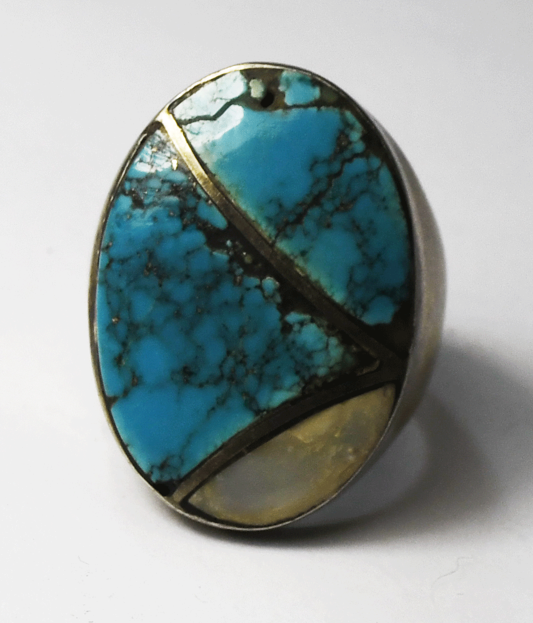 Sterling Silver N Lee Oval Turquoise MOP Inlay Ring 29mm Size 9