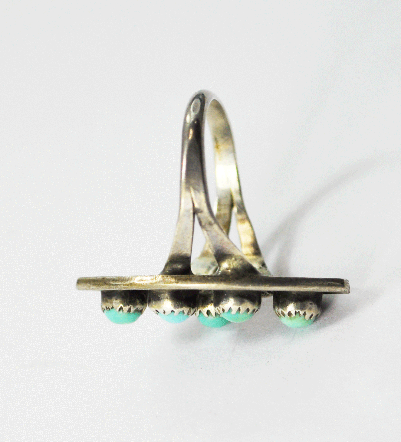 Antique Sterling Silver Pea Pod 6 Turquoise Dot Ring 25mm Size 5.5