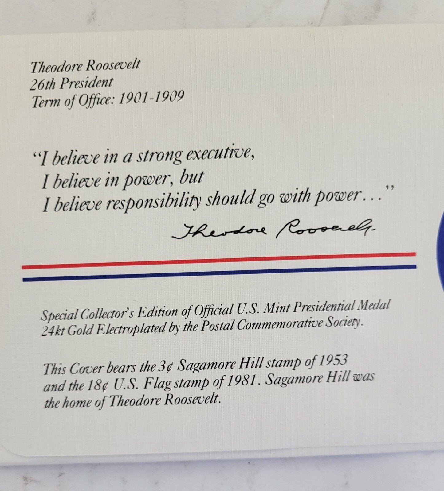 T Roosevelt Presidential Covers Medal Postal Commemorative Society Gold Plated