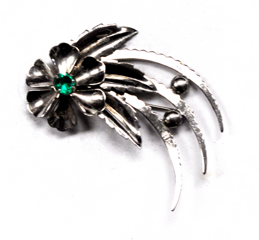 Sterling Silver Manrey Brooch Pin Green Rhinestone 60mm x 39mm Flower Leaf
