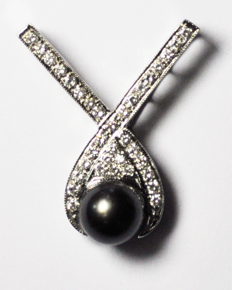 14k White Gold SBT Diamond 10mm Black Tahitian Pearl X Slide Pendant Enhancer