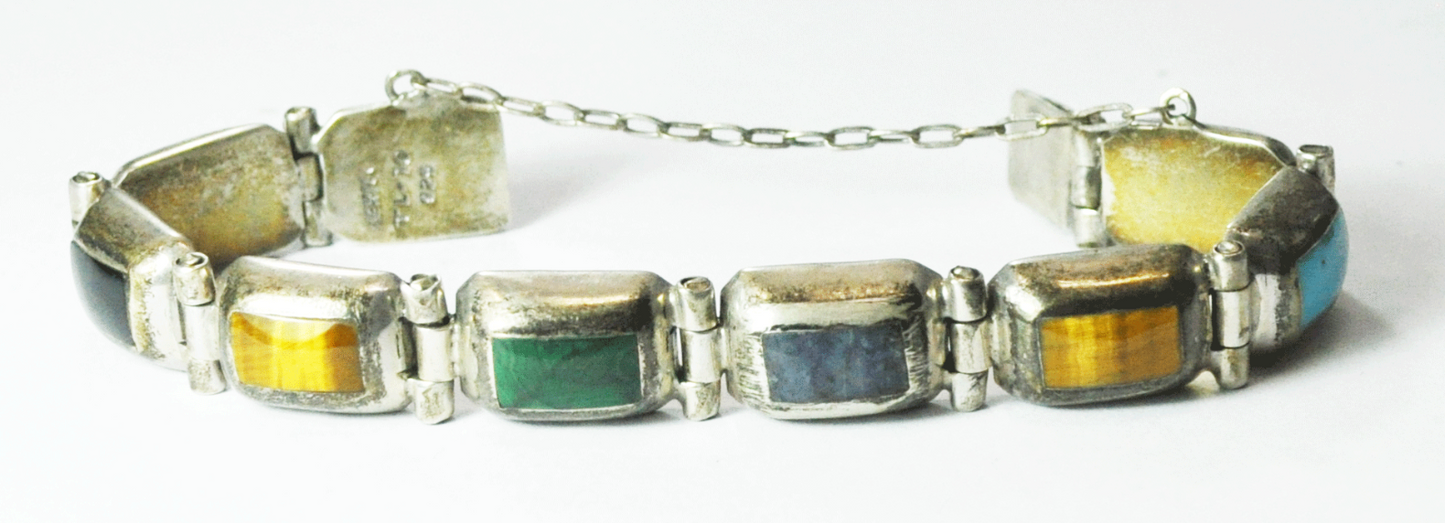 Sterling Silver Mexico TL-70 Multi Color Stone Link Bracelet 11mm 6-3/4" Wrist