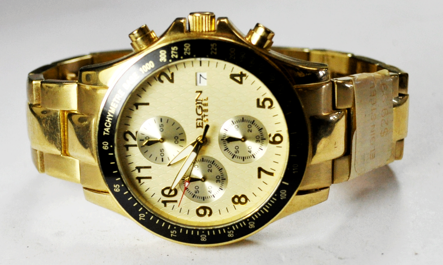 Elgin Steel Split Second Chrongraph Date Sport Wristwatch Gold Tone 42mm FG558