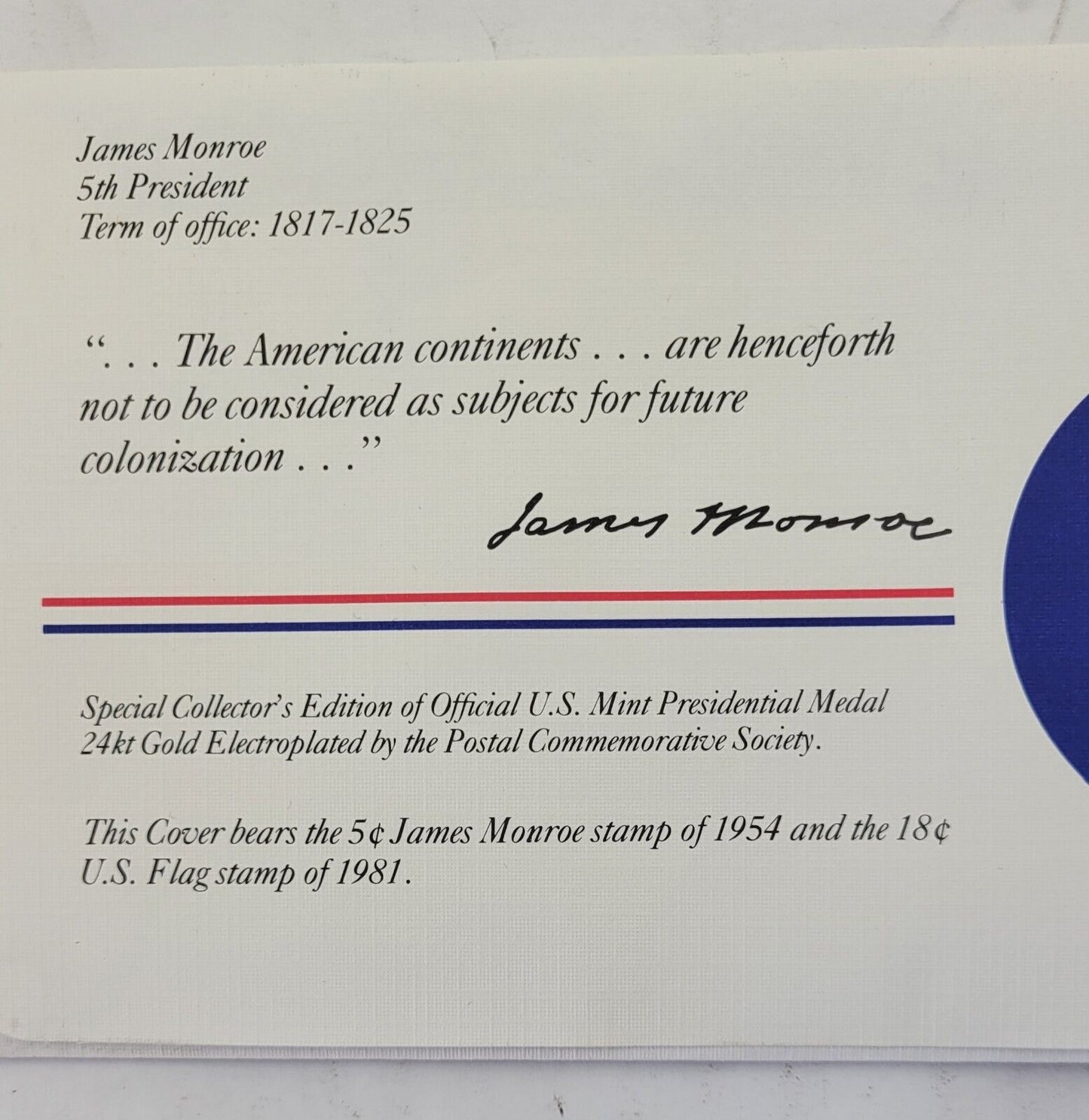 James Monroe Presidential Covers Medal Postal Commemorative Society Gold Plated