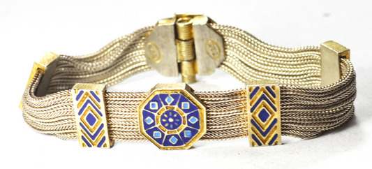 Sterling Silver India Blue Enamel 2-Tone 7 Strand Bracelet 14mm 7-1/4"