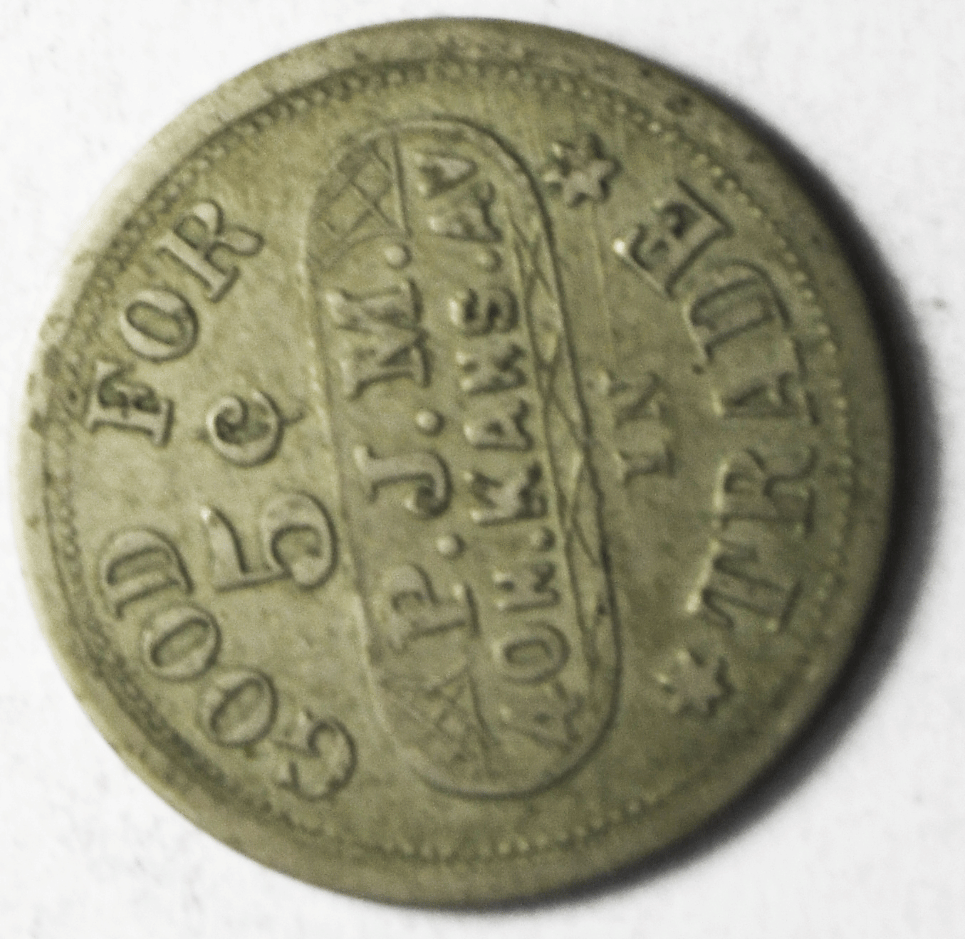 P.J.M 5c Trade Token 40 North Kansas Ave KC Missouri 24mm