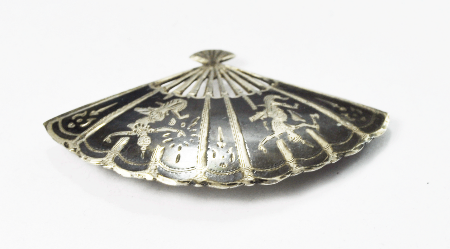 Sterling Silver Brooch Pin Siam Black Enamel Goddess Fan 2"