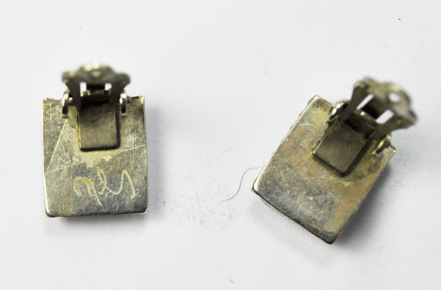 Sterling Silver Zuni Inlay Turquoise Coral MOP Rectangle Clip On Earrings 12mm