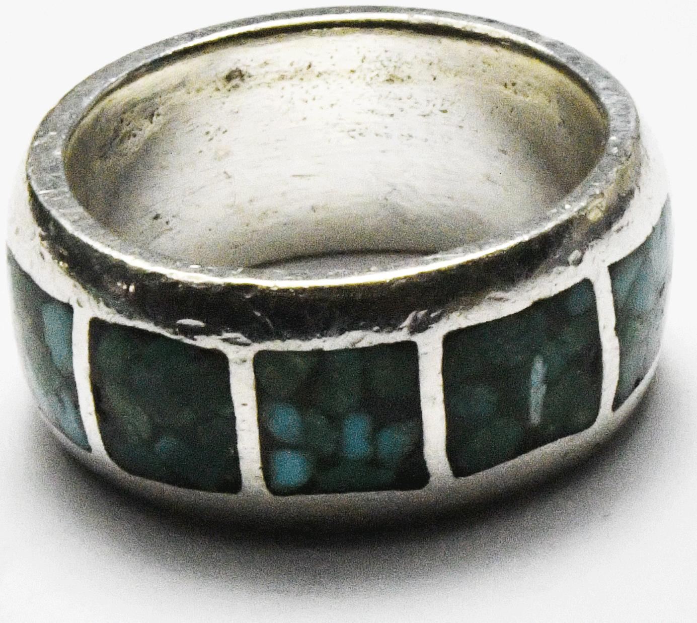 Sterling Silver Green Turquoise Chip Inlay Ring Eternity Band 8mm Size 6-1/4
