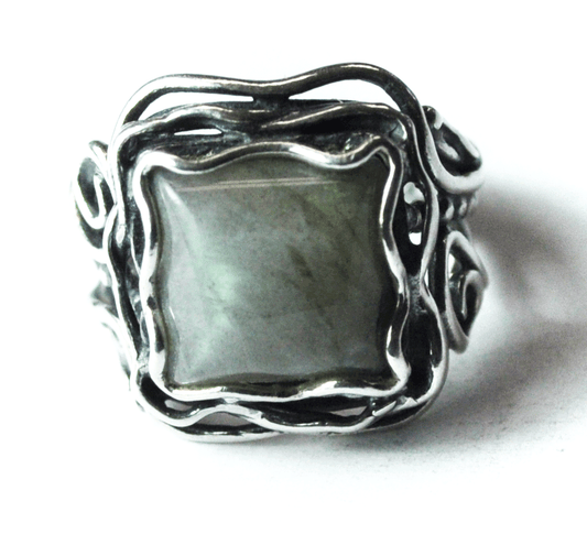 Sterling Silver Didae Labradorite Square Ring Wire Dot Filigree 20mm Size 7-3/4