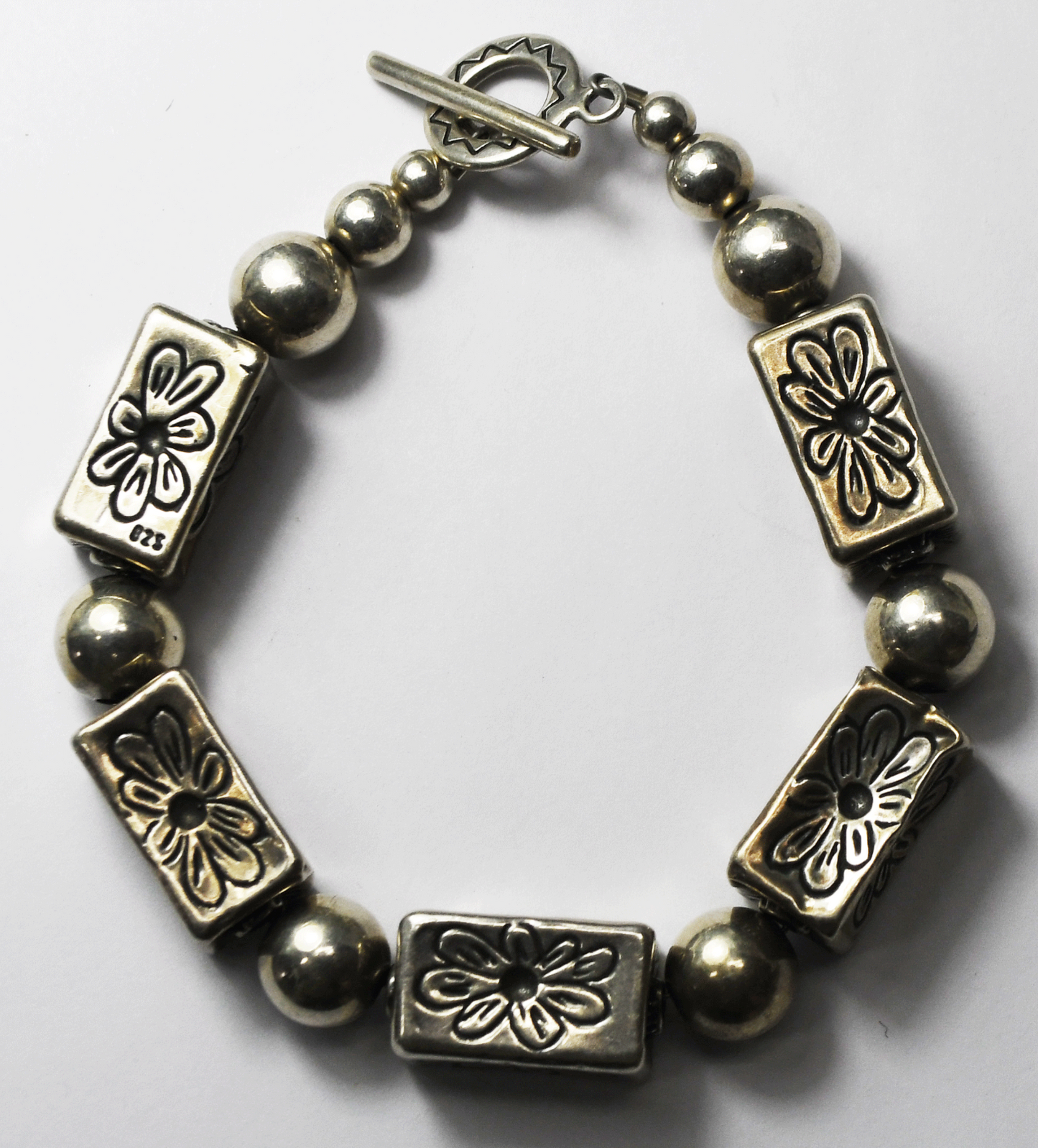 Sterling Shubes Hollow Rectangle Box Flower Toggle Bead Bracelet 11mm 8.25"