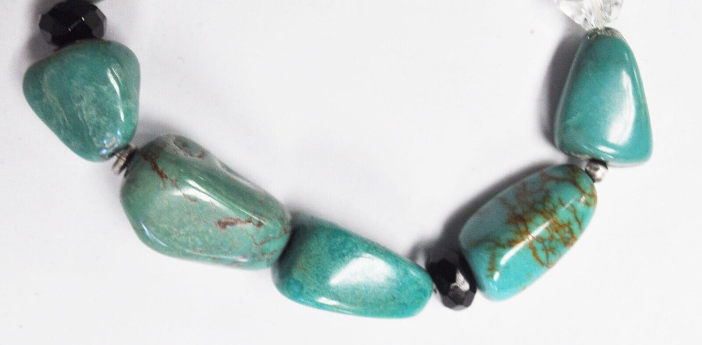 Turquoise Chunk Black & Clear Crystal Bead Bangle Bracelet 13mm