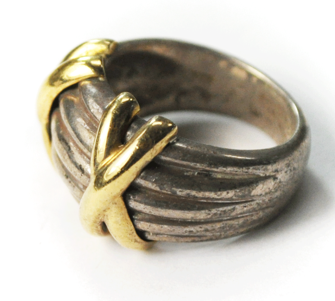 Sterling Silver & 18k Gold Double X Stripe Designer Ring 14mm Size 6