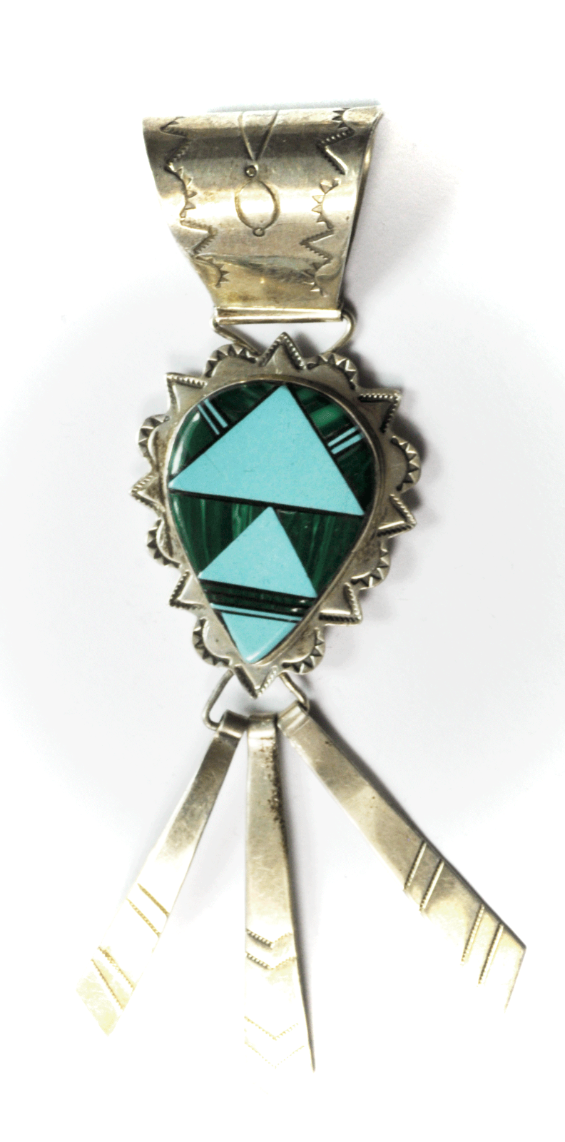 Sterling Silver J. Hoskie Turquoise Inlay 4.25" Dangle Pendant Large Etched Bale