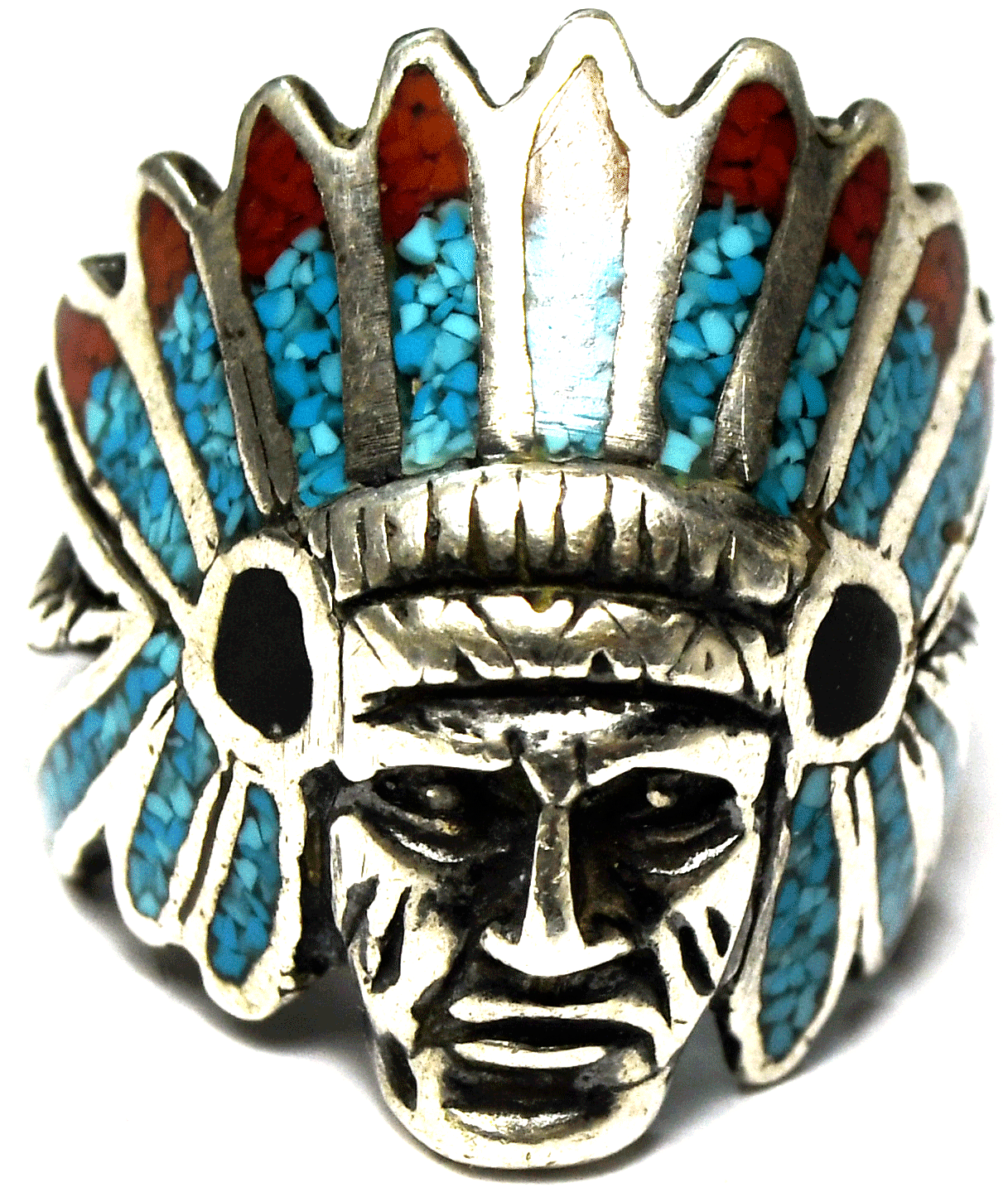 Sterling Silver Turquoise Coral Chip Inlay Chief Headdress Ring 26mm Size 8-1/2