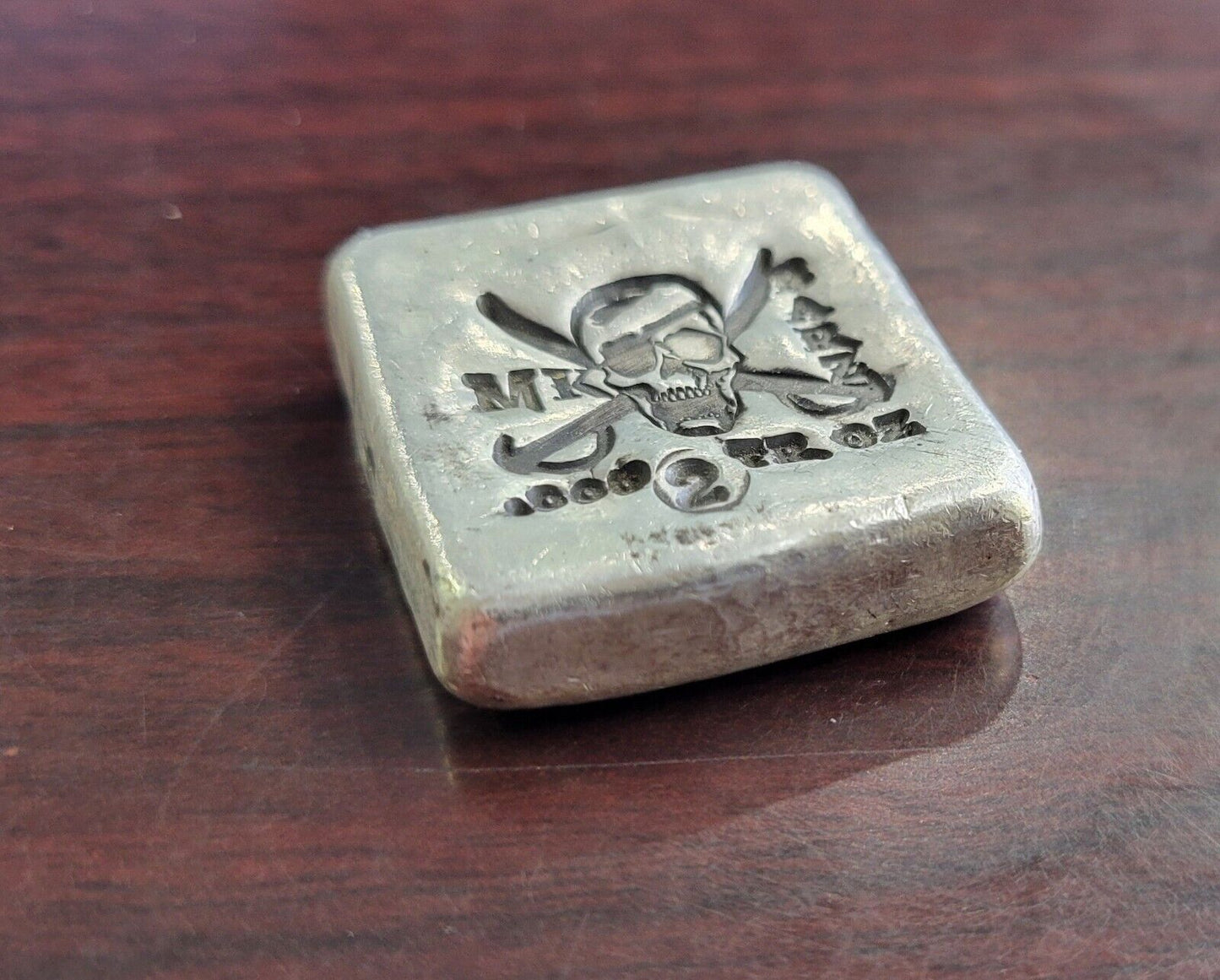 MK Barz 2oz Pirate Square Nugget .999 Fine Silver Poured Skull Crossbones