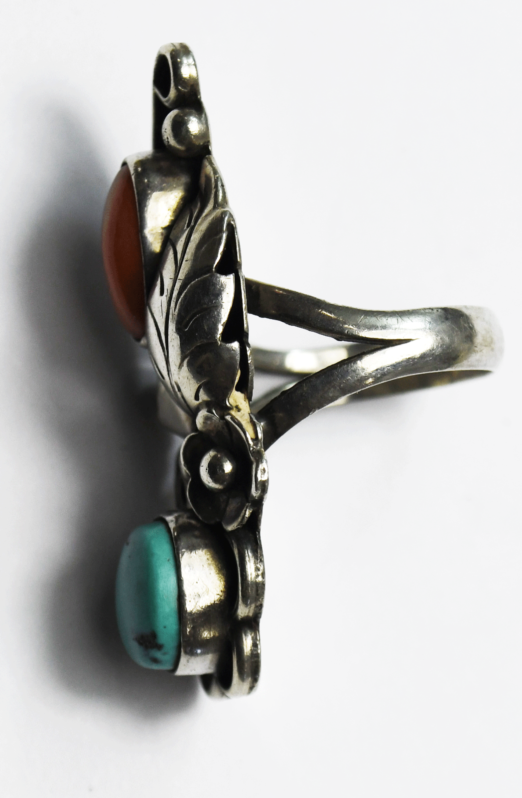 Sterling Silver Phil Chapo Turquoise Coral Elongated Ring 44mm Size 9