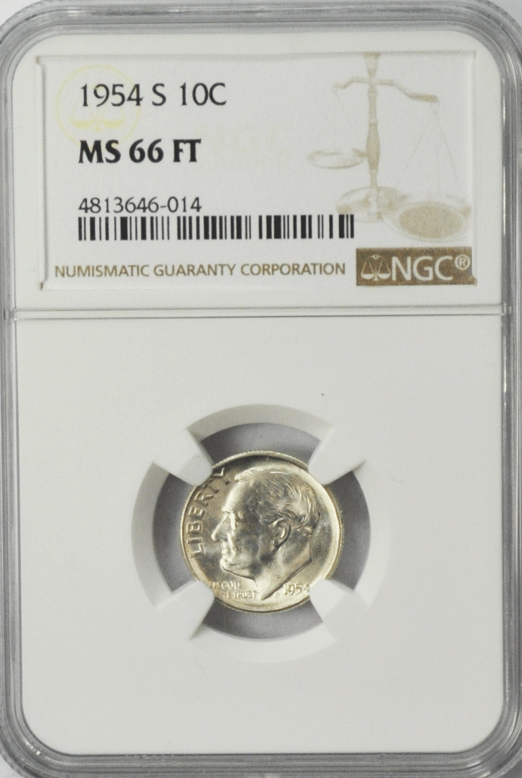 1954 S/S 10c Roosevelt Silver Dime NGC MS66 FT BU San Francisco