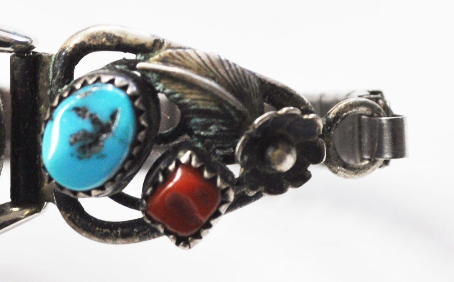 Sterling Silver RB Coral Turquoise Floral Filigree Watch Band Hood End 12mm Lugs