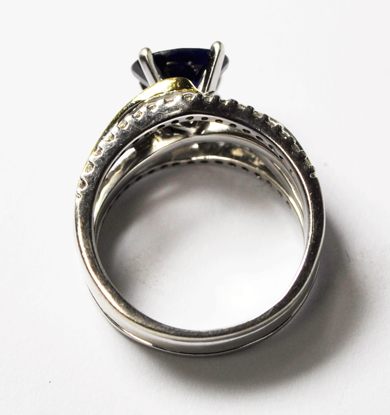 14k White Gold Sapphire Diamond Twist Overlapping Ring F.D. 11mm Size 6-3/4