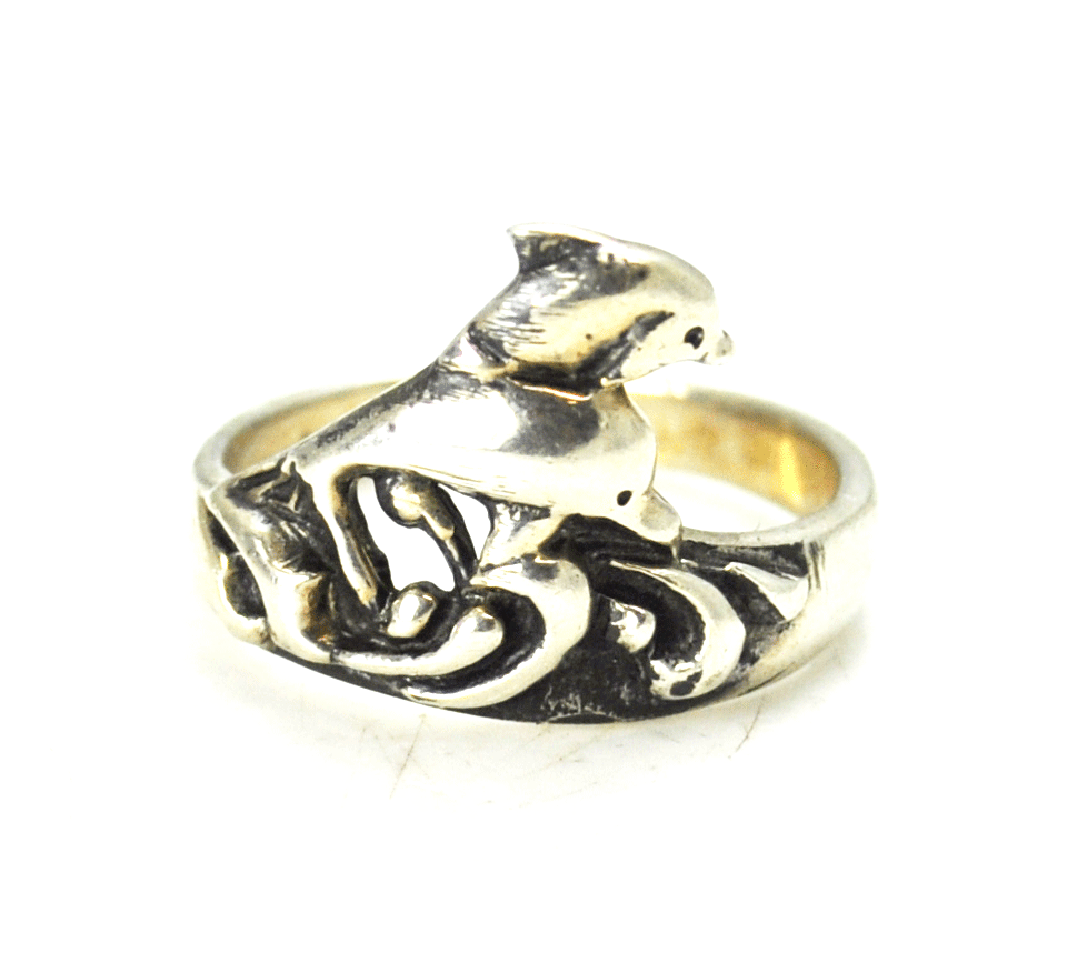 Sterling Silver Double Leaping Dolphin Over Water 15mm Size 8 Ring Aquatic Sea