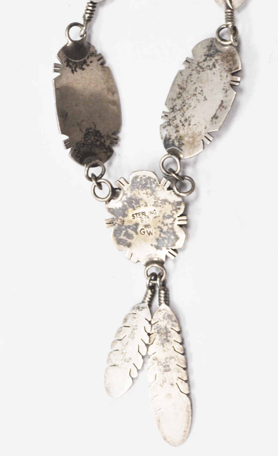 Sterling Silver Glen Willie Leaf Link Feather Dangle Turquoise Necklace 18.5"