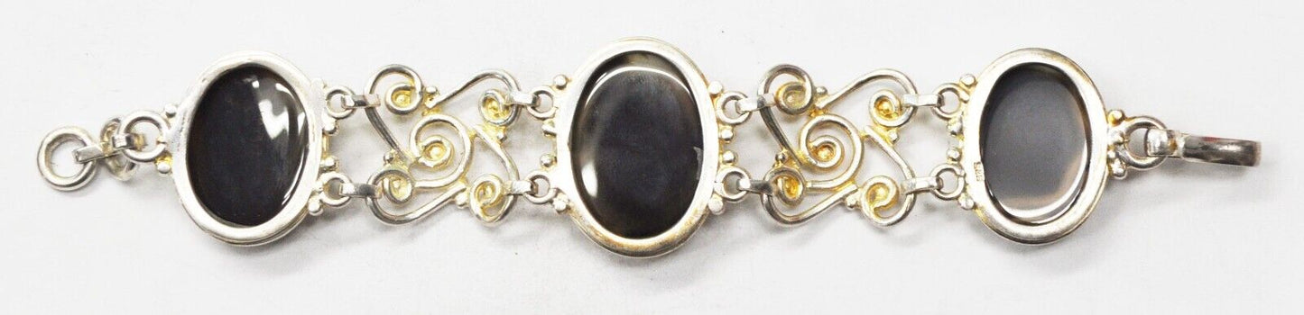 Sterling Silver Smoky Quartz Filigree Scroll Spiral Link Bracelet 36mm 8-1/4"