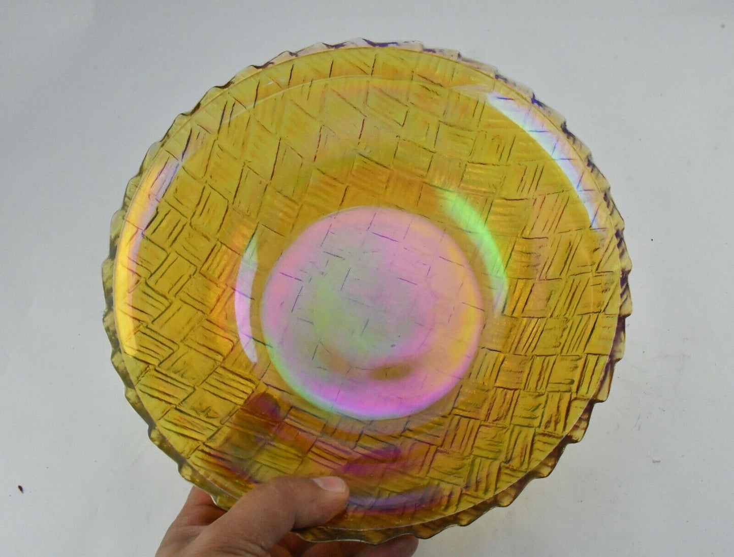 Carnival Glass Basket Weave Design Iridescent Centerpiece Bowl 8 3/4" x 3 3/4"