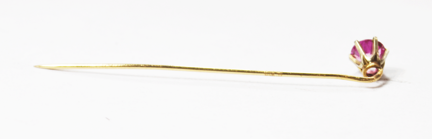 14k YG Antique 7mm Pink Tourmaline Lapel Pin 2-3/8" With Box 1.1g