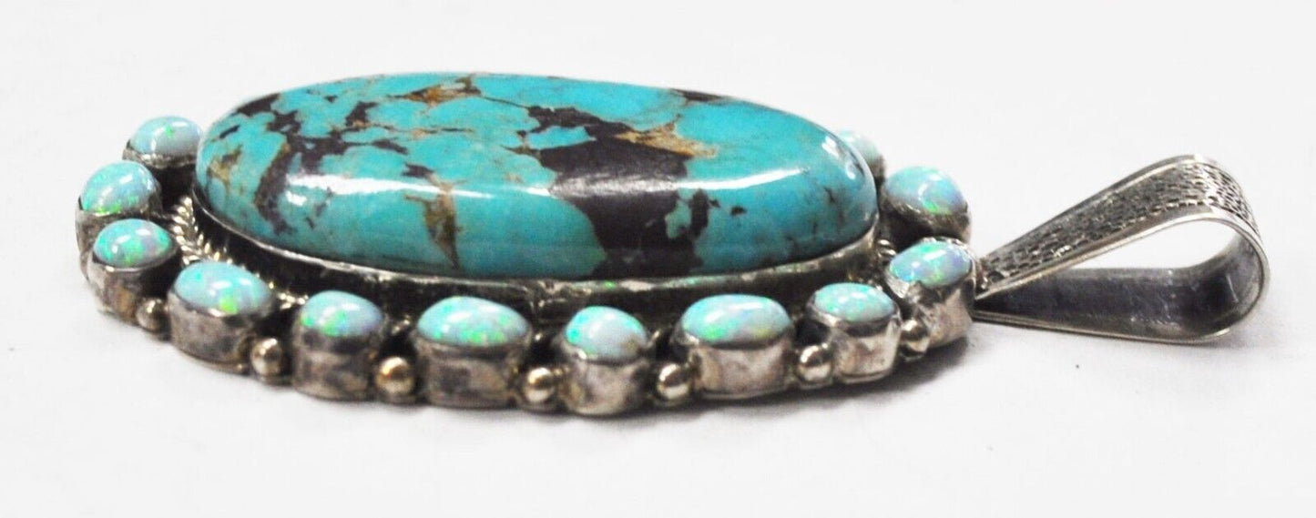 Sterling Silver LM Signed Large Turquoise Pendant Opal Halo 68mm x 36mm