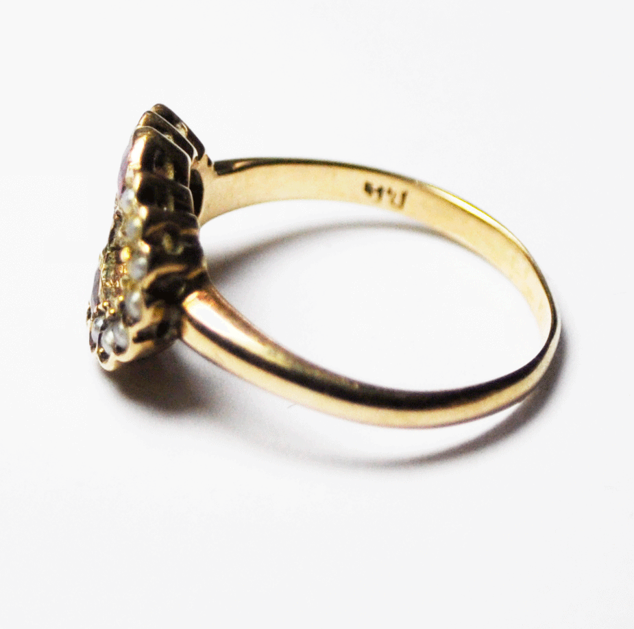 Antique 9k Yellow Gold Ruby & Pearl Figure 8 Cluster Rings Size 5