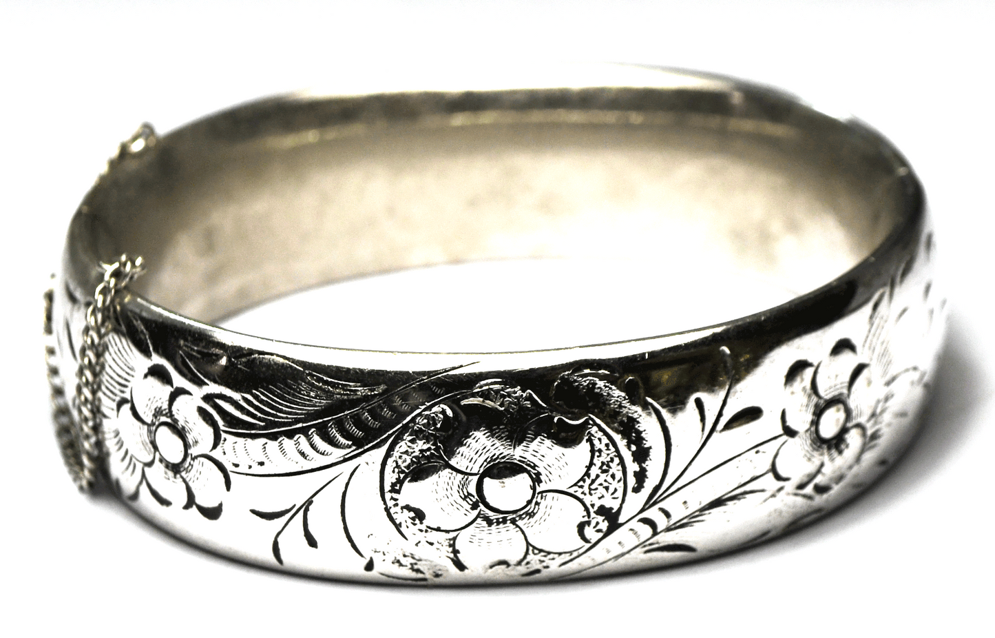 Sterling Silver Floral Flowers Hinge Bangle Bracelet 19mm 7.25" Wrist