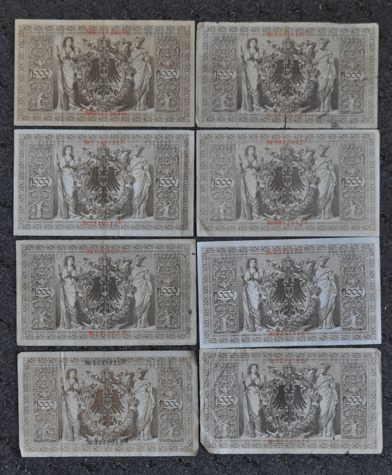 Lot of 8 1910 Germany 1000 Thousand Mark Notes 7 Red 1 Green Seal