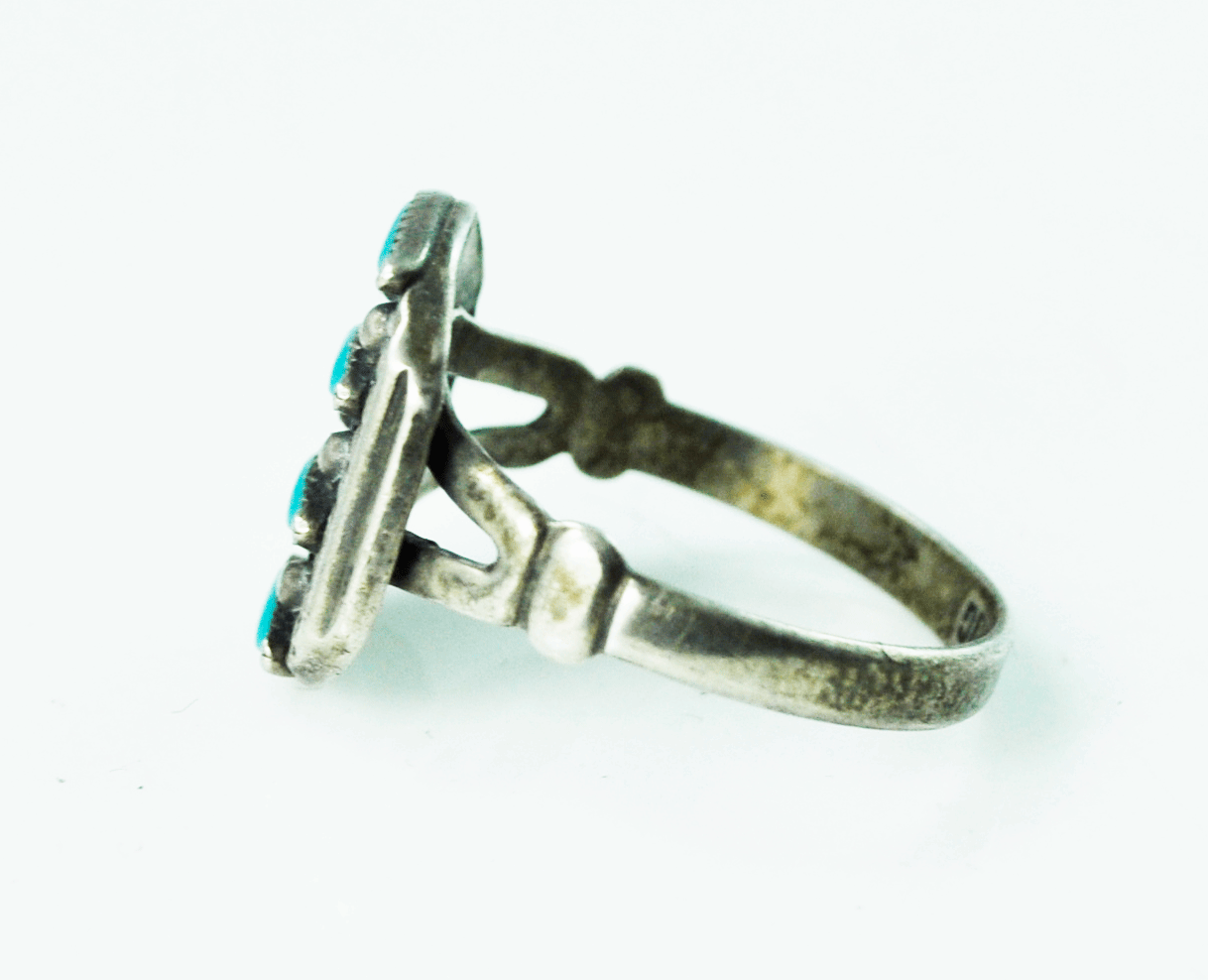 Antique Sterling Petit Point Rice Stripe Turquoise Shield Dot Ring 14mm Sz 6-3/4