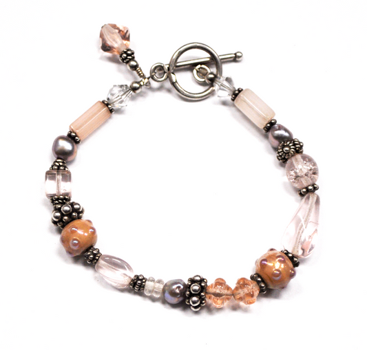 Sterling Silver Light Pink Iridescent Glass 9mm Bead Bracelet Toggle 7"