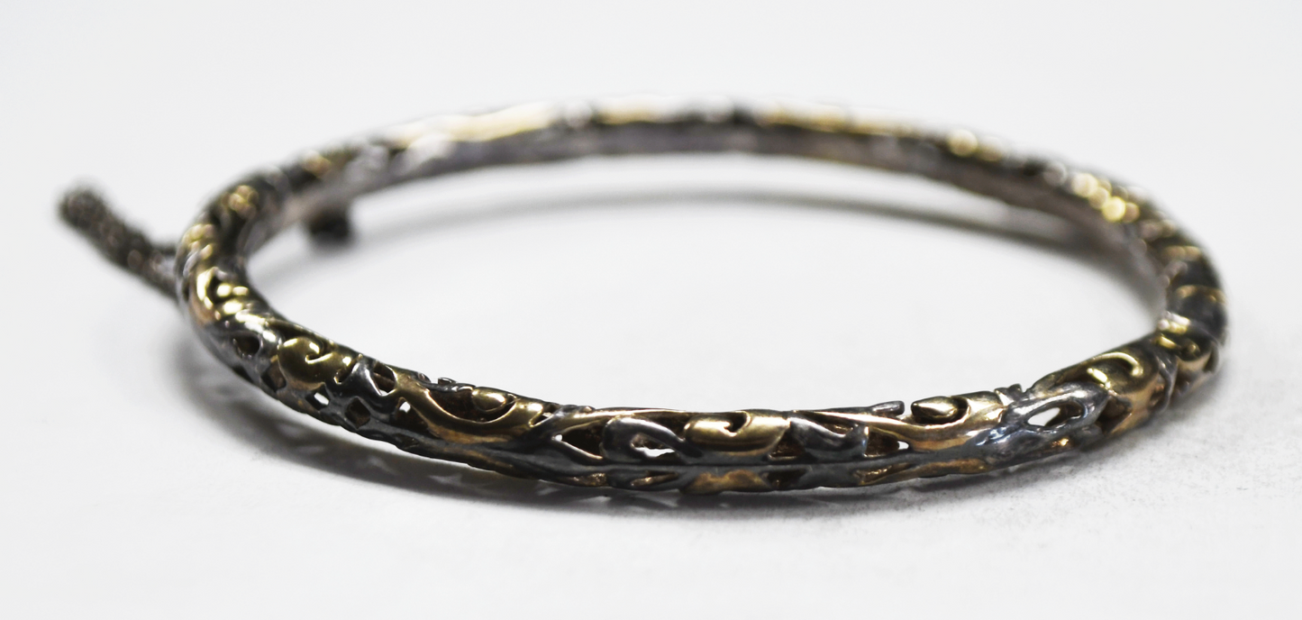 Sterling Silver Filigree 4mm Small Bangle Two Tone Oval Bracelet